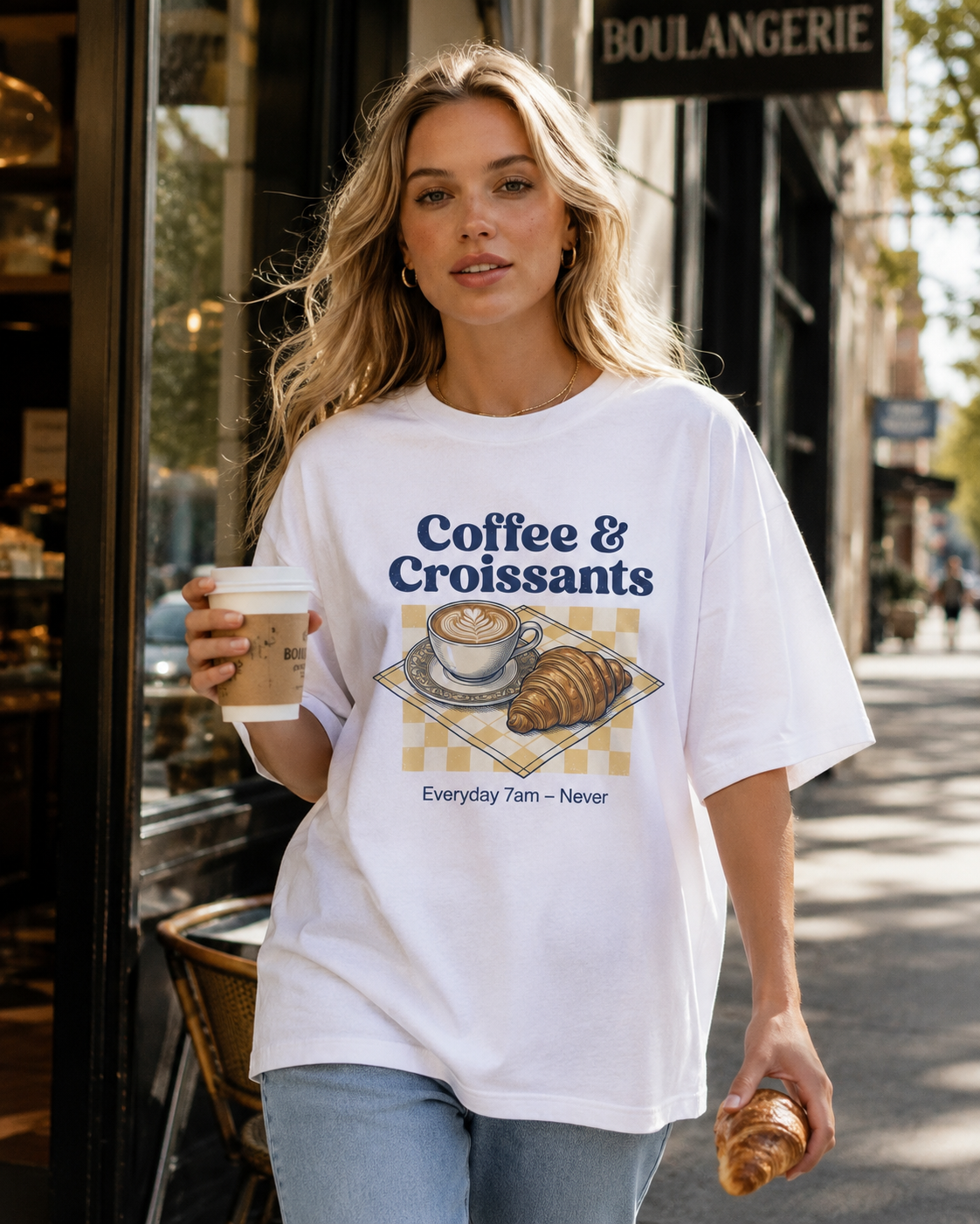 Coffee Croissant Babe Oversized T-Shirt