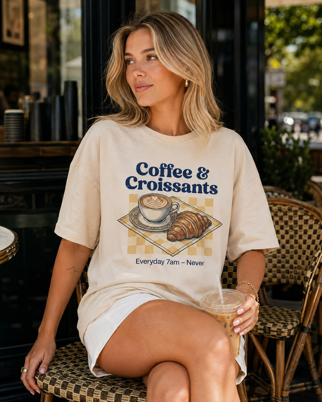 Coffee Croissant Babe Oversized T-Shirt