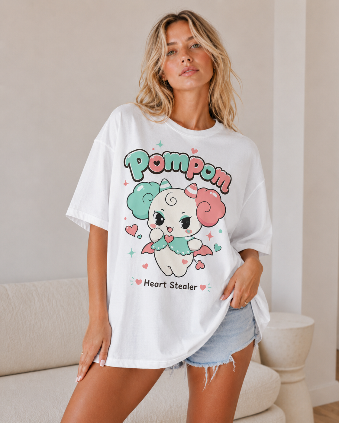 Pompom Heart Stealer Babe Oversized T-Shirt