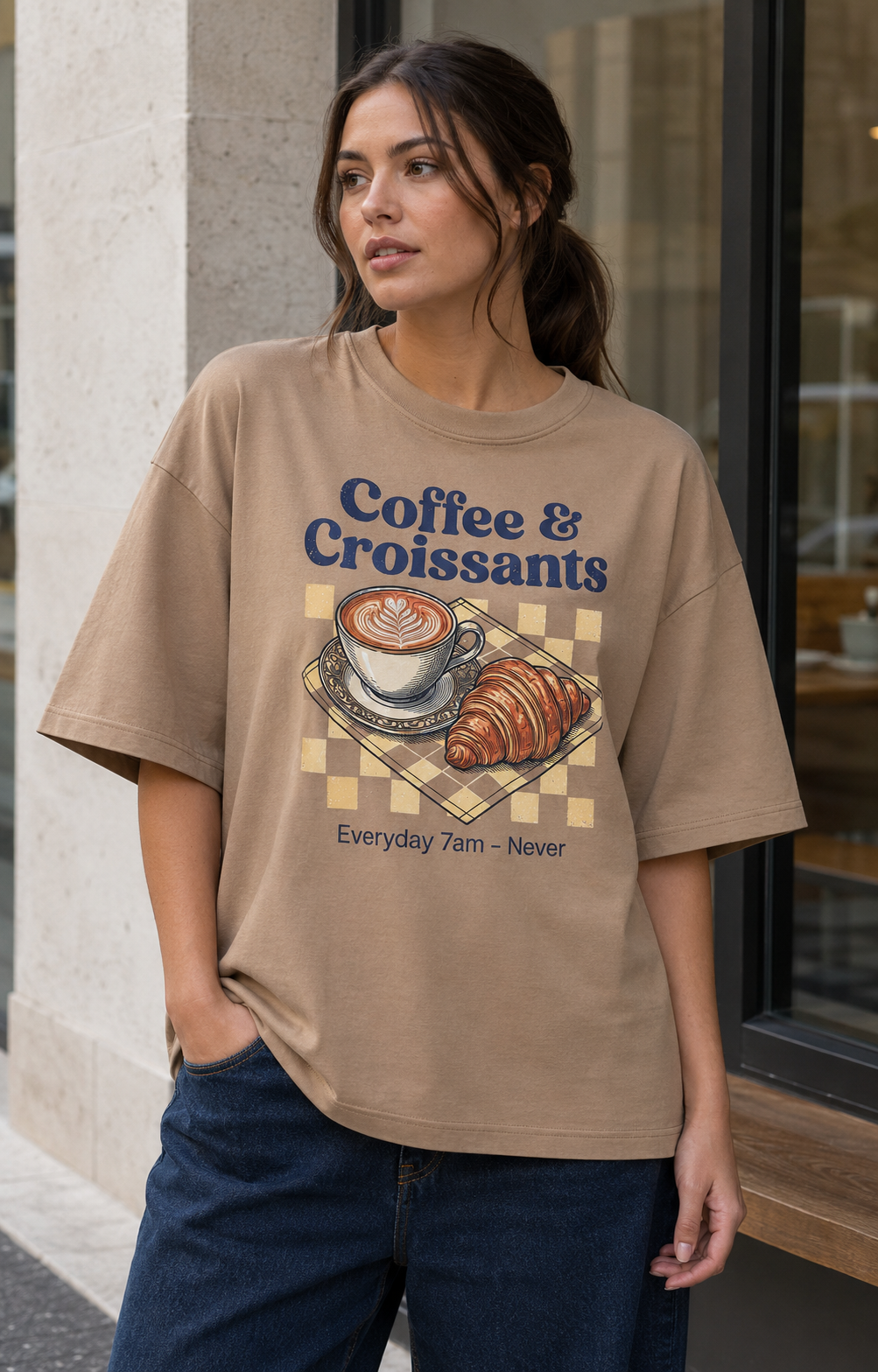Coffee Croissant Babe Oversized T-Shirt
