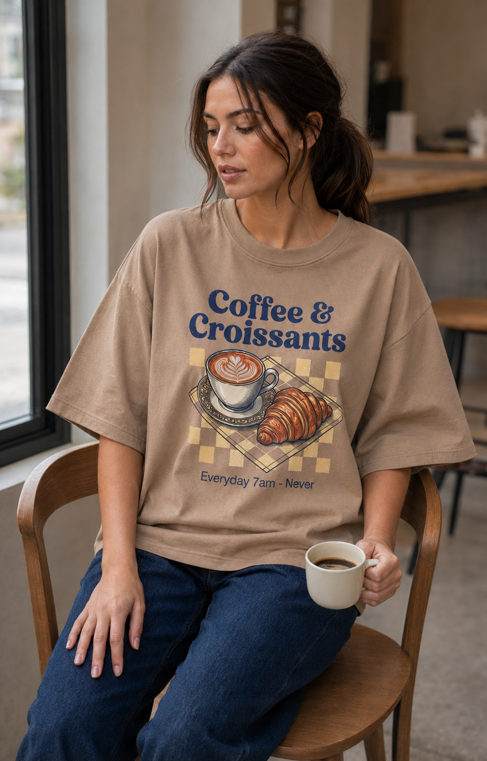 Coffee Croissant Babe Oversized T-Shirt